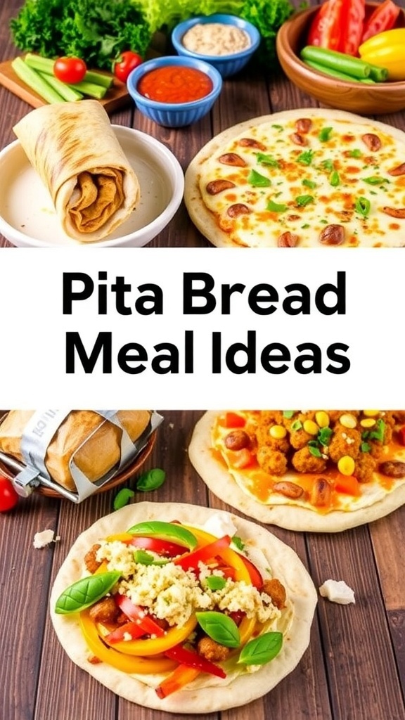 Delicious Pita Bread Meal Ideas An assortment of pita bread meals including wraps, pizzas, and sandwiches on a wooden table.